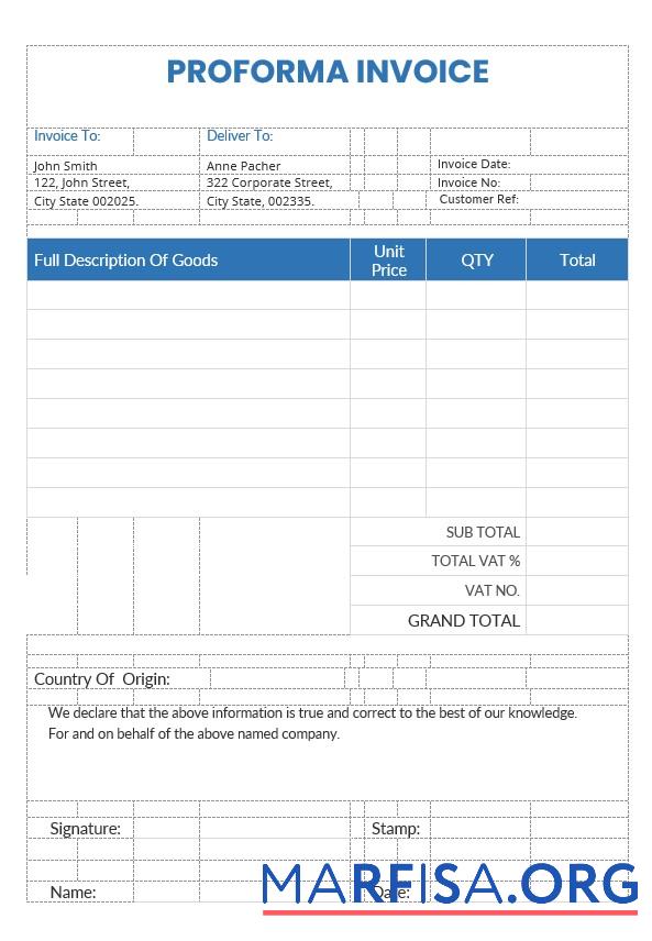 Printable Sample Proforma Invoice Template